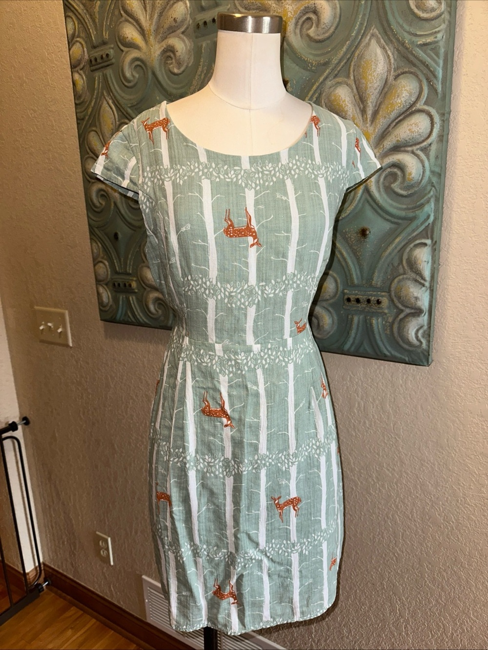 Sm Wardrobe Green Woodland Creatures Mini Dress Deer Trees M Birds Cottagecore